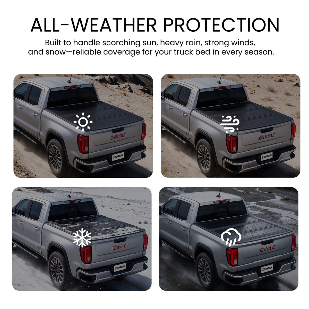 Flip up truck bed cover shielding cargo from sun, wind, snow, and rain across four weather scenes