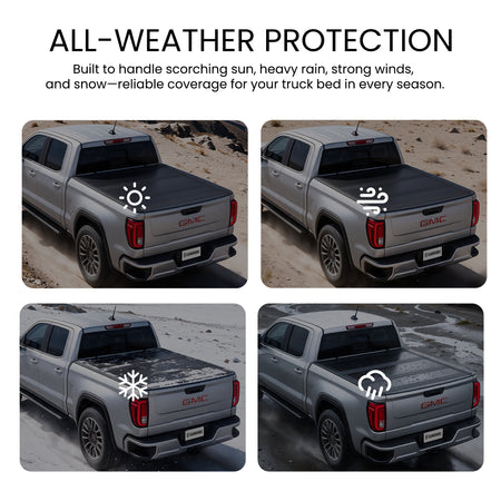 Flip up truck bed cover shielding cargo from sun, wind, snow, and rain across four weather scenes