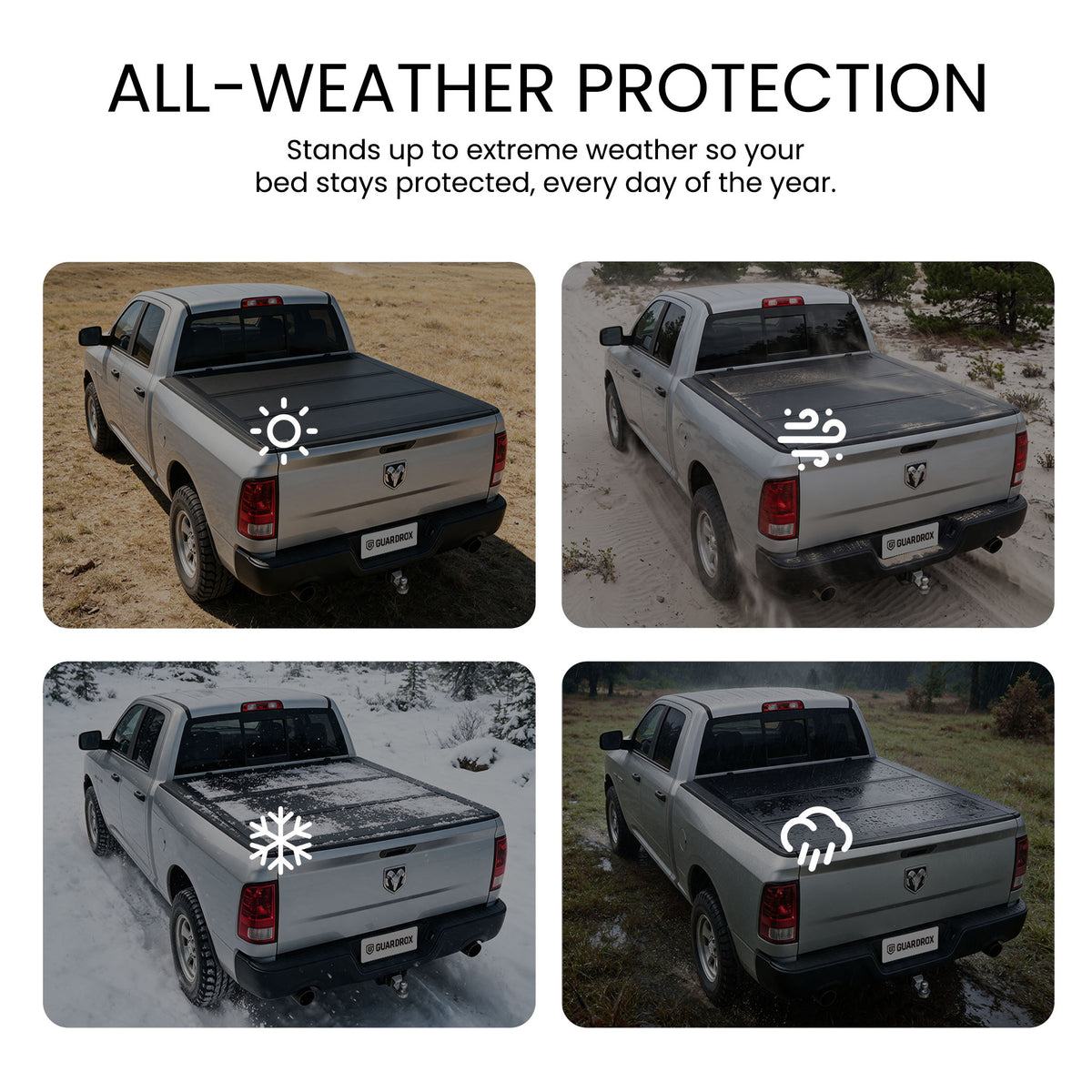 Hard truck bed cover shielding cargo from sun, wind, snow, and rain across four weather scenes