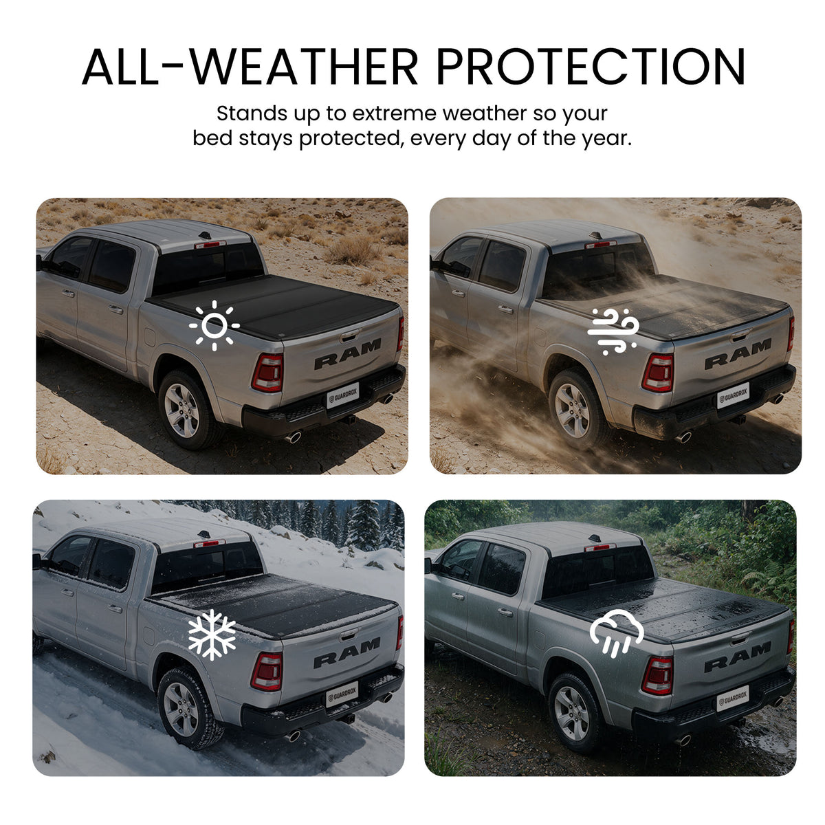Hard truck bed cover shielding cargo from sun, wind, snow, and rain across four weather scenes