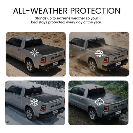 Hard truck bed cover shielding cargo from sun, wind, snow, and rain across four weather scenes