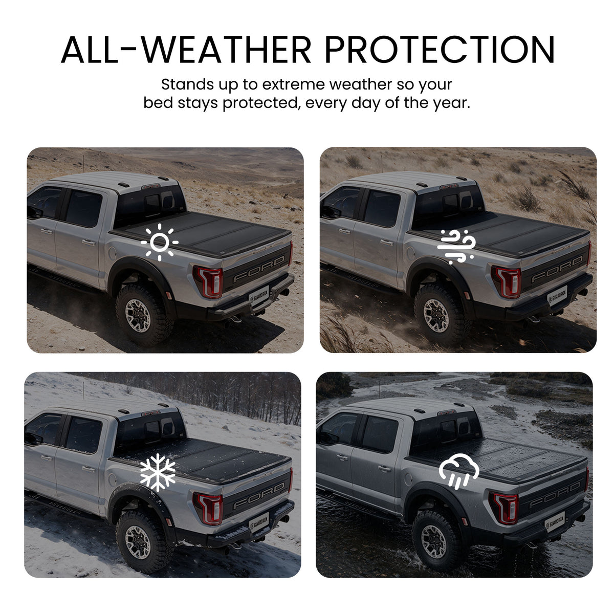 Hard truck bed cover shielding cargo from sun, wind, snow, and rain across four weather scenes