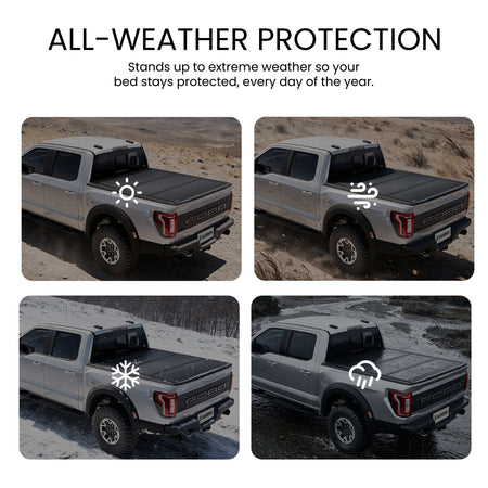 Hard truck bed cover shielding cargo from sun, wind, snow, and rain across four weather scenes