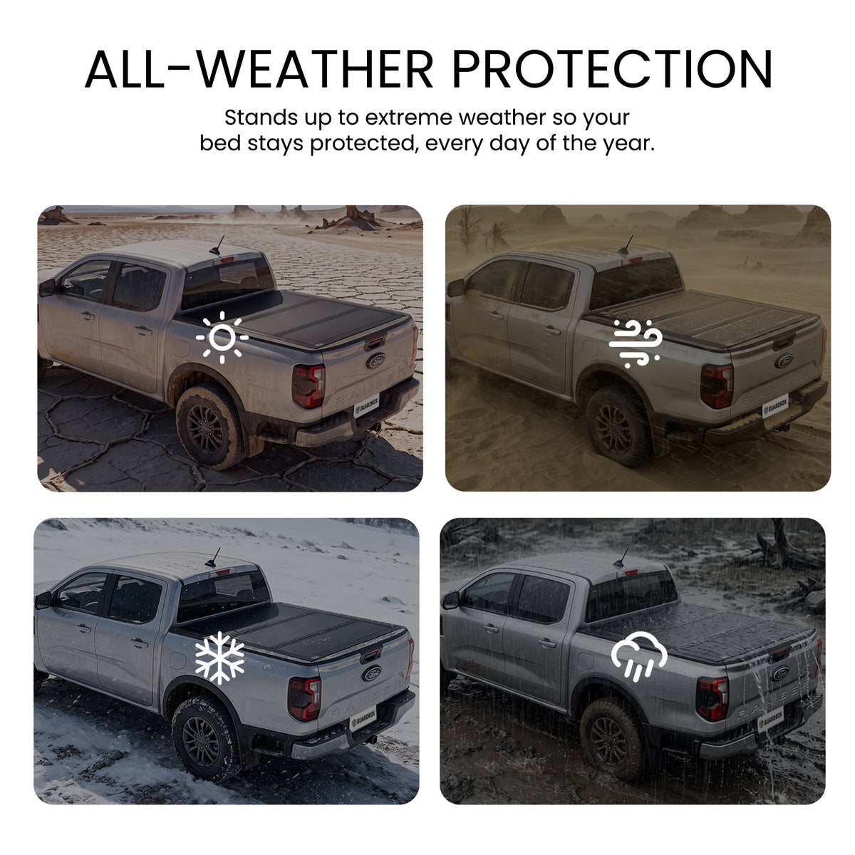 Hard truck bed cover shielding cargo from sun, wind, snow, and rain across four weather scenes