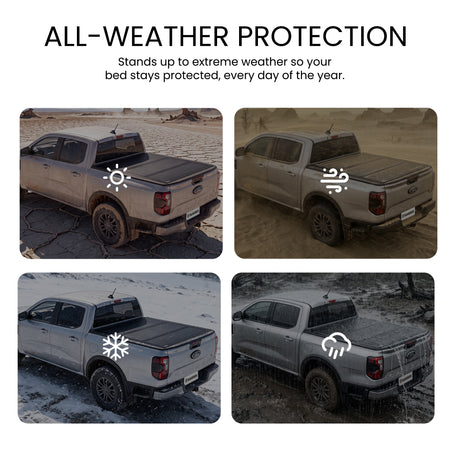 Hard truck bed cover shielding cargo from sun, wind, snow, and rain across four weather scenes