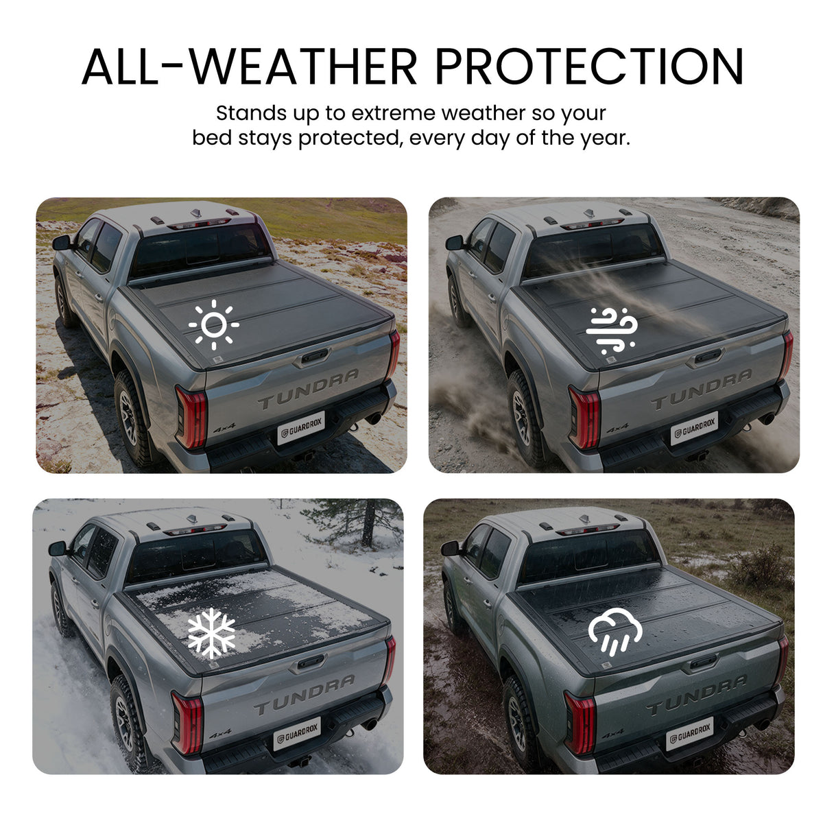 Hard truck bed cover shielding cargo from sun, wind, snow, and rain across four weather scenes