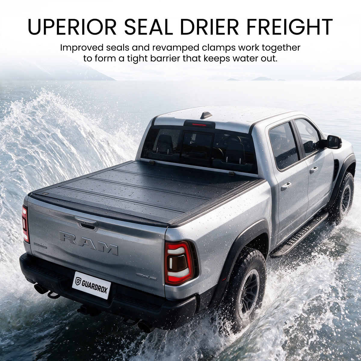 Waterproof hard quad-fold tonneau cover with full-perimeter seals fording a shallow stream