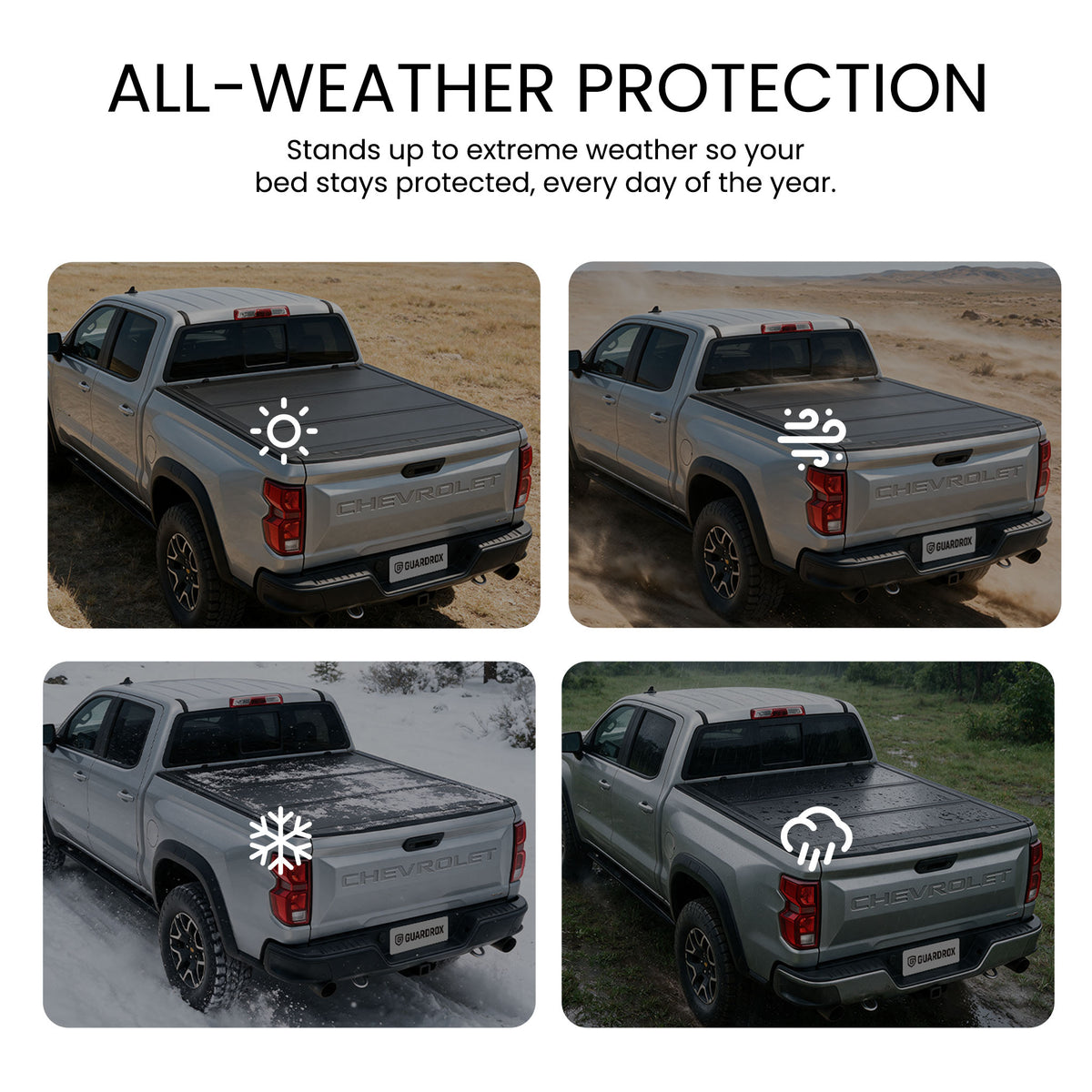 Hard truck bed cover shielding cargo from sun, wind, snow, and rain across four weather scenes