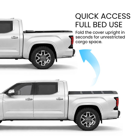 Toyota Tundra truck bed with the hard quad-fold tonneau cover shown closed and fully folded open