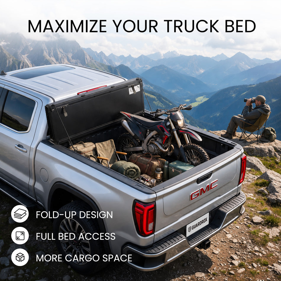 GMC Sierra 1500 bed with the LX5 cover propped upright and loaded with mountain bikes for full cargo space