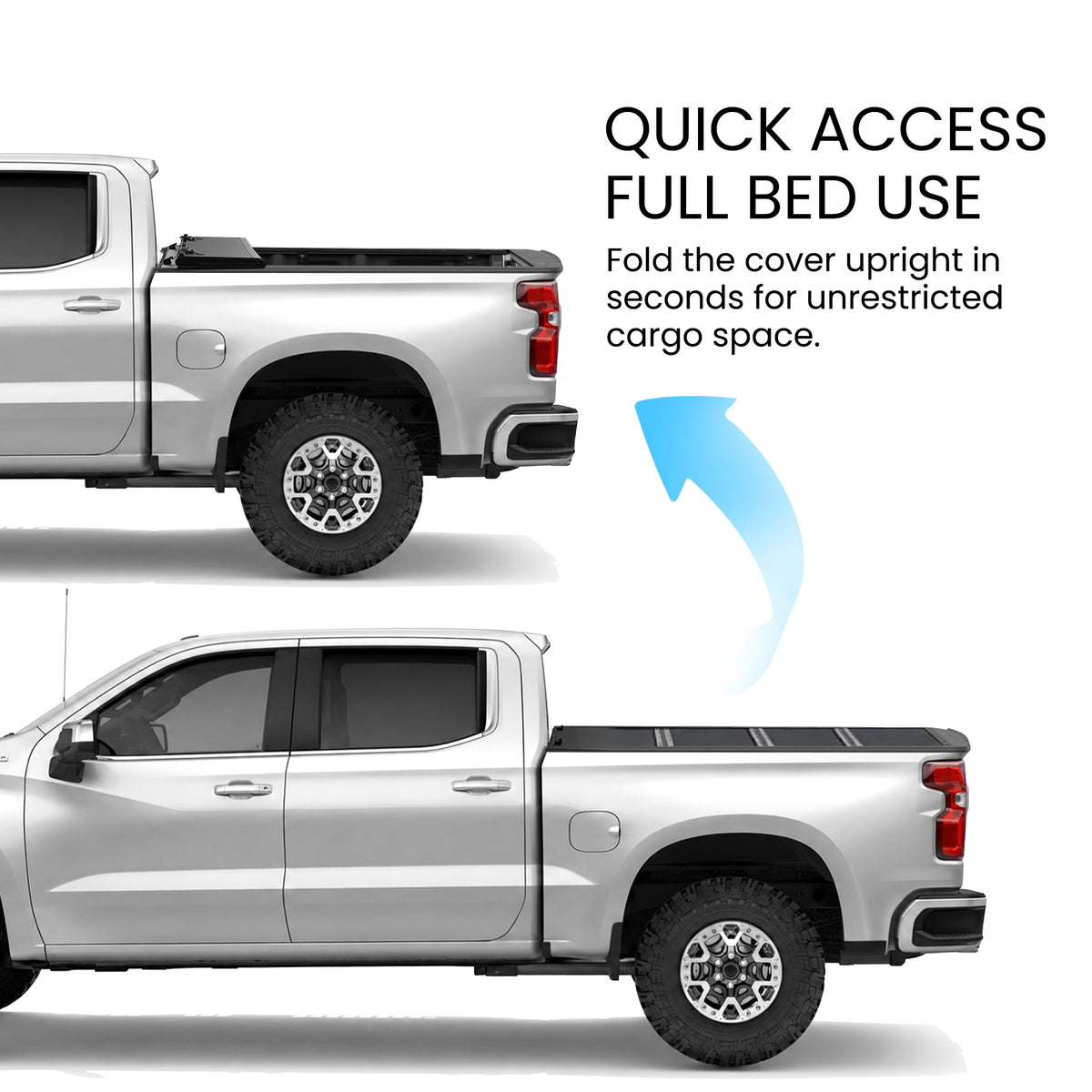 Chevy Silverado 1500 truck bed with the hard quad-fold tonneau cover shown closed and fully folded open