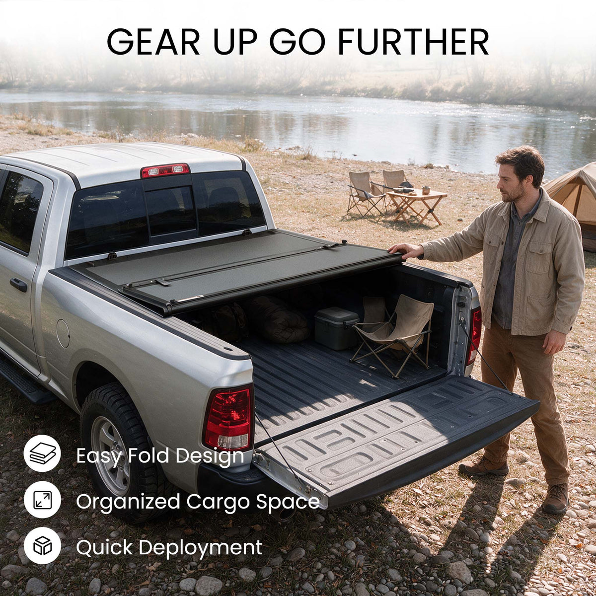 Folding truck bed cover propped open with fishing equipment loaded in a Ram 1500 classic pickup bed