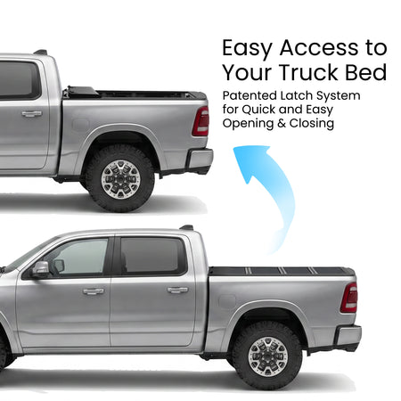 RAM 1500 truck bed with the hard quad-fold tonneau cover shown closed and fully folded open