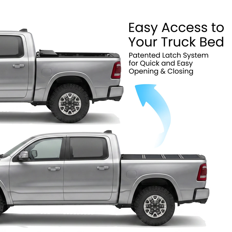 RAM 1500 truck bed with the hard quad-fold tonneau cover shown closed and fully folded open