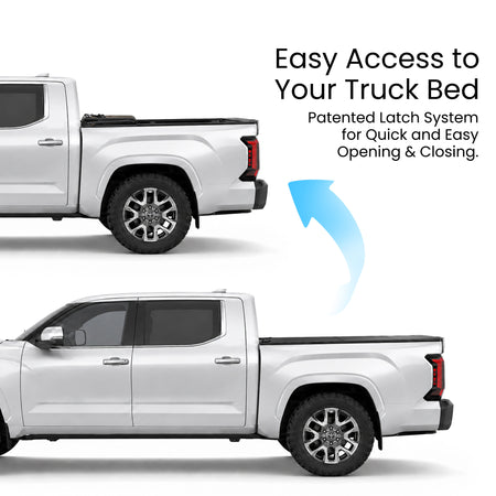 Toyota Tundra truck bed with the hard tri-fold tonneau cover shown closed and flipped open