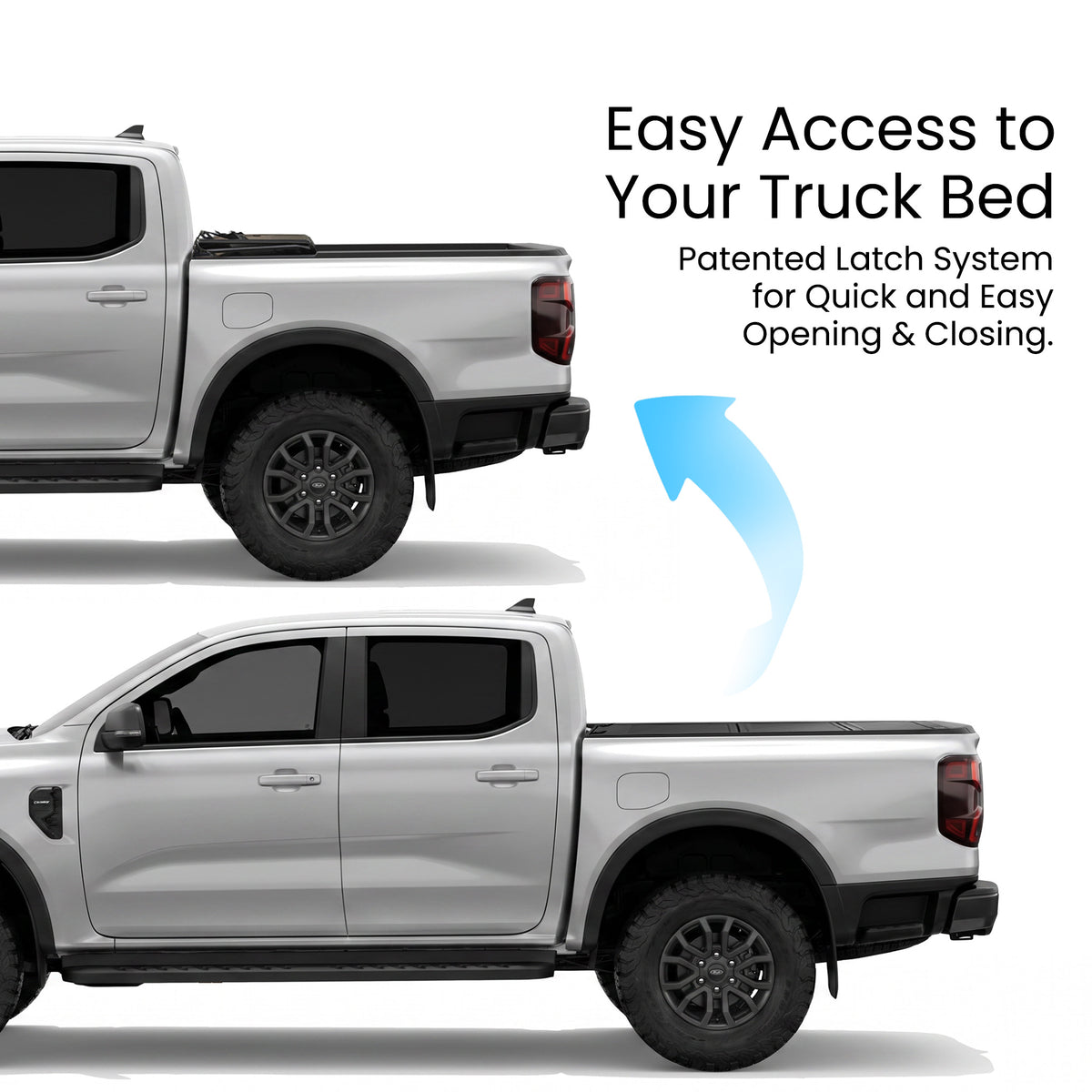 Ford Ranger truck bed with the hard tri-fold tonneau cover shown closed and flipped open