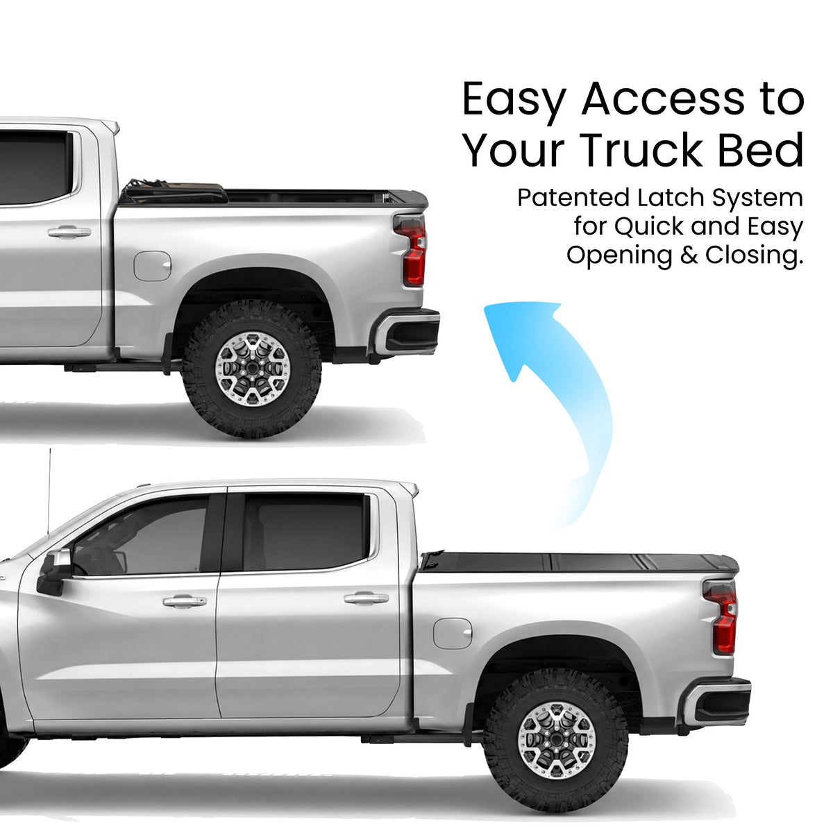 Chevy Silverado truck bed with the hard tri-fold tonneau cover shown closed and flipped open