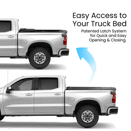 Chevy Silverado truck bed with the hard tri-fold tonneau cover shown closed and flipped open