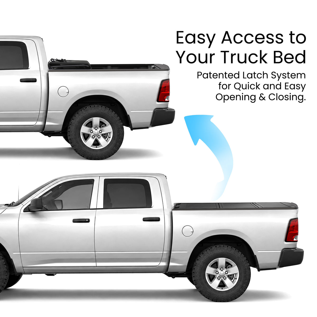 Dodge RAM 1500 Classic truck bed with the hard tri-fold tonneau cover shown closed and flipped open