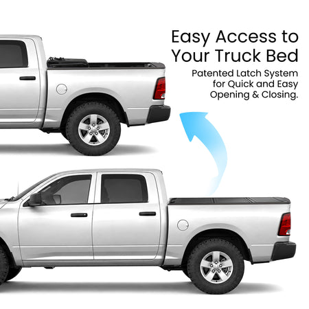 Dodge RAM 1500 Classic truck bed with the hard tri-fold tonneau cover shown closed and flipped open