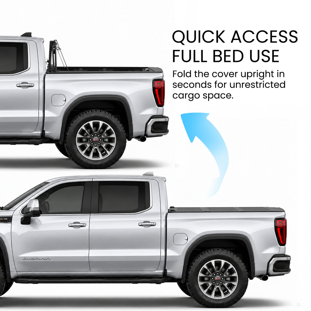 GMC Sierra 1500 truck bed with the LX5 flip up tonneau cover shown closed and propped upright