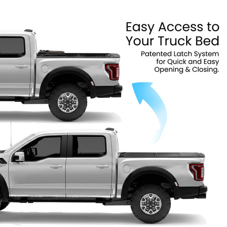 Ford F-150 truck bed with the hard tri-fold tonneau cover shown closed and flipped open