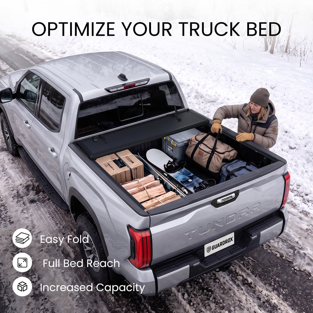 Toyota Tundra bed with the L6 cover fully folded against the cab and loaded with bulky cargo