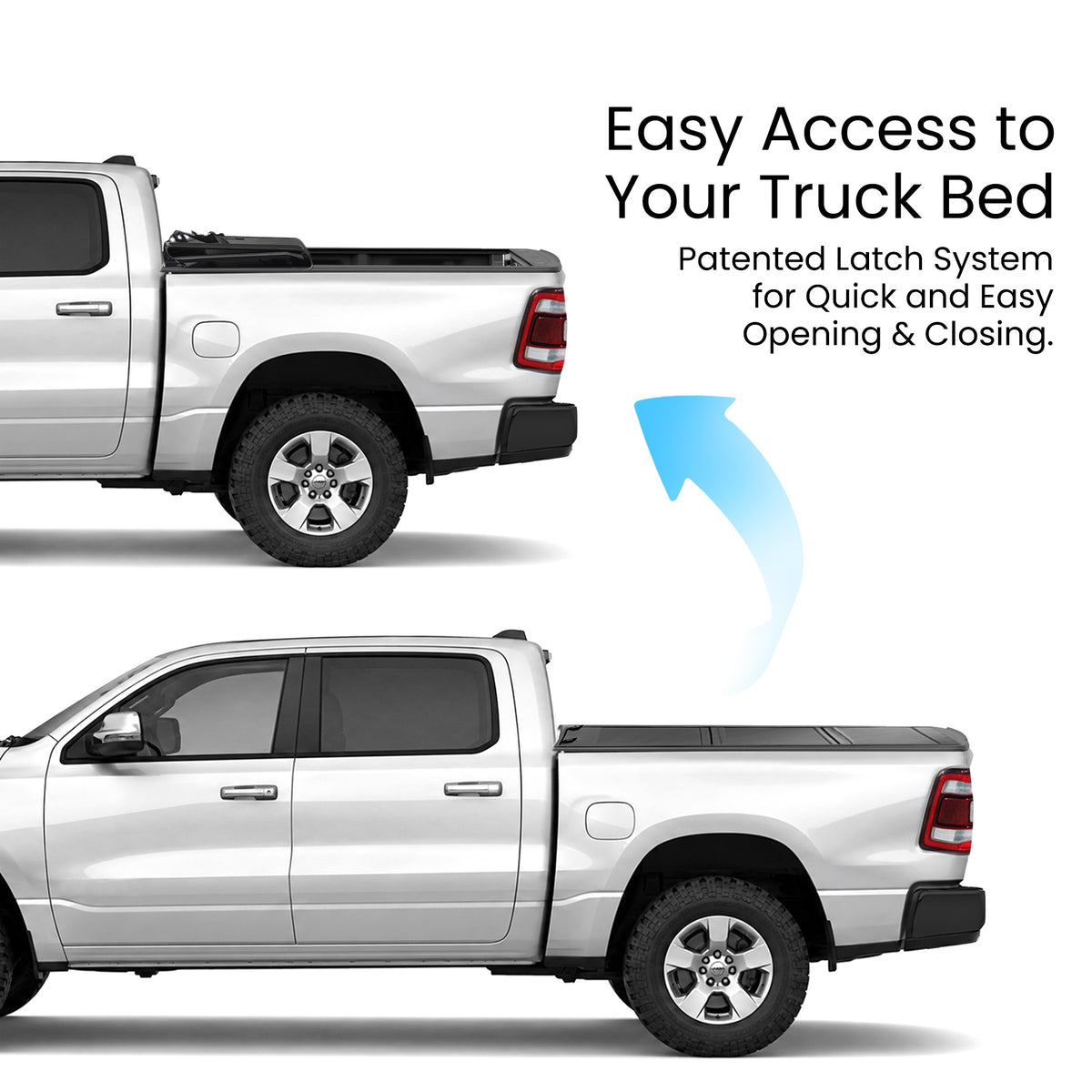 RAM 2500 truck bed with the hard tri-fold tonneau cover shown closed and flipped open