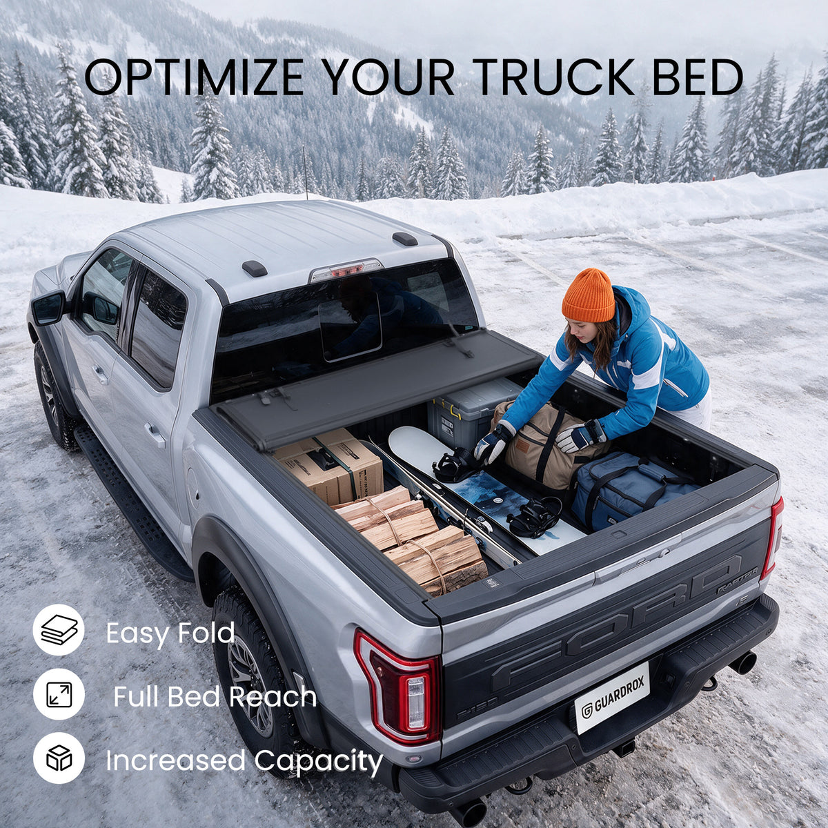 Ford F-150 bed with the L6 cover fully folded against the cab and loaded with bulky cargo