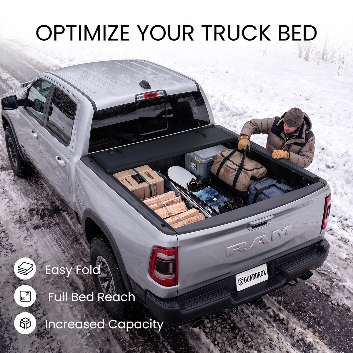 RAM 1500 bed with the L6 cover fully folded against the cab and loaded with bulky cargo