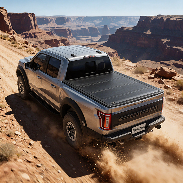 Ford F-150 with a hard quad-fold bed cover speeding on a gravel mountain road, dust trailing behind