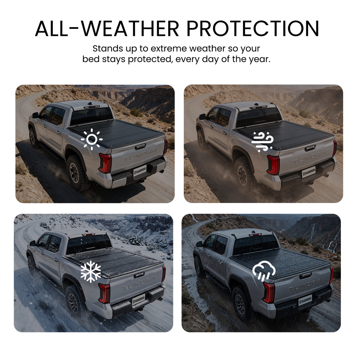 Hard quad-fold truck bed cover shielding cargo from sun, wind, snow, and rain across four weather scenes