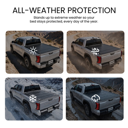 Hard quad-fold truck bed cover shielding cargo from sun, wind, snow, and rain across four weather scenes