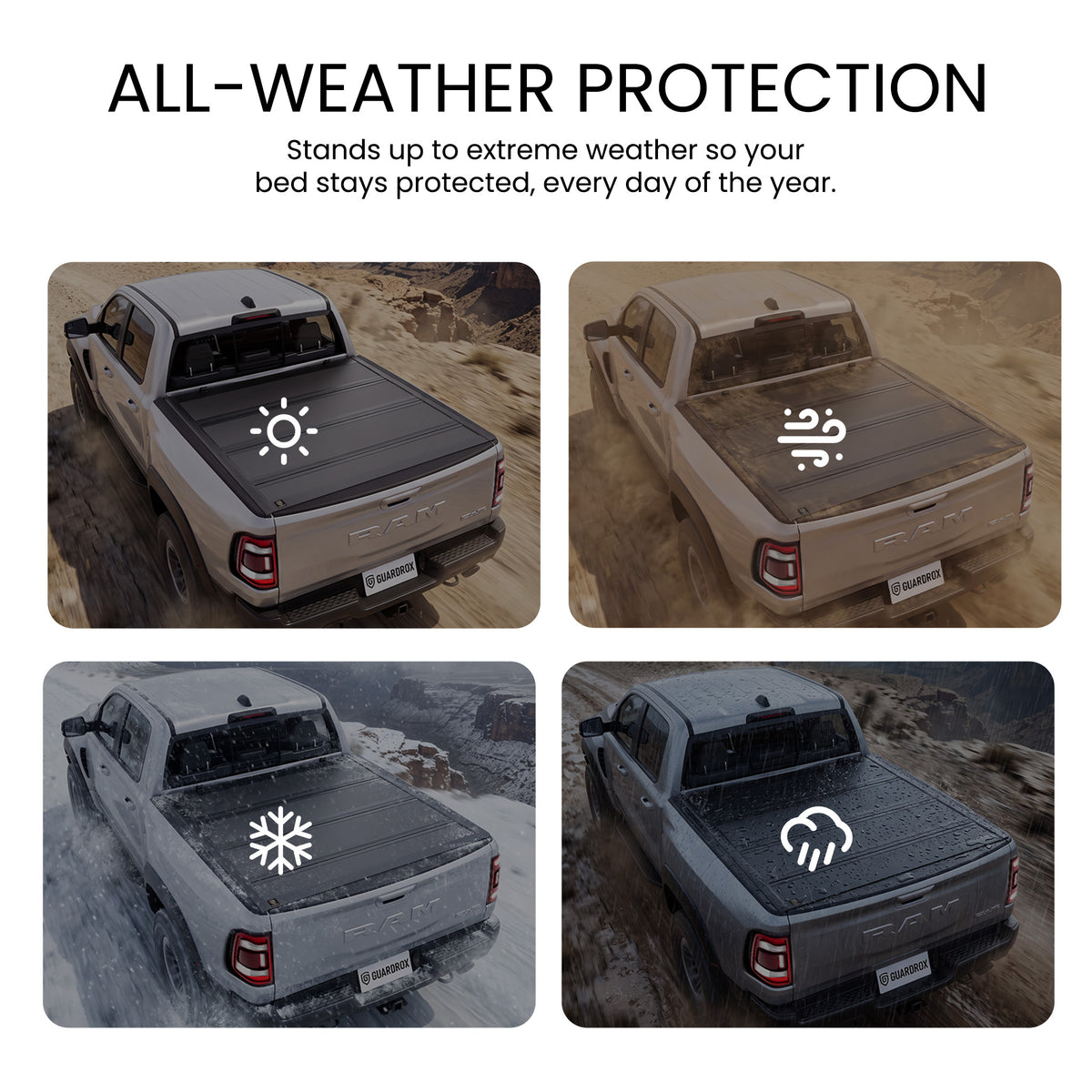 Hard quad-fold truck bed cover shielding cargo from sun, wind, snow, and rain across four weather scenes