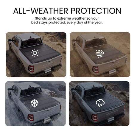 Hard quad-fold truck bed cover shielding cargo from sun, wind, snow, and rain across four weather scenes