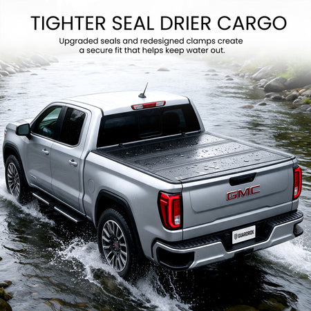 Waterproof flip up tonneau cover with upgraded seals fording a shallow stream