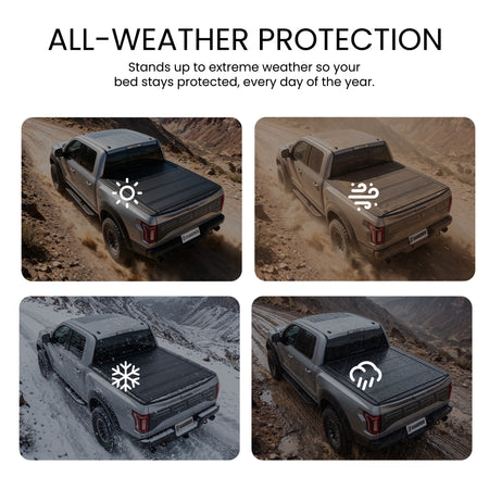 Waterproof hard quad-fold tonneau cover with full-perimeter seals fording a shallow stream