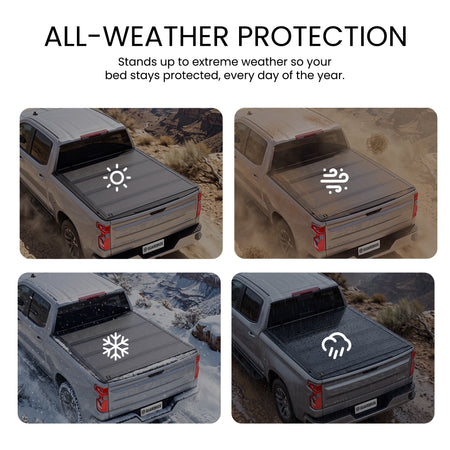 Hard quad-fold truck bed cover shielding cargo from sun, wind, snow, and rain across four weather scenes