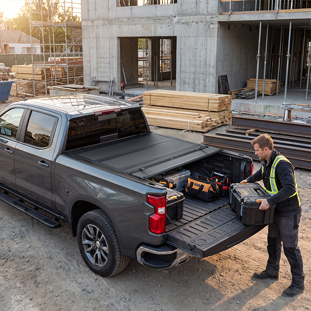 Family loading grocery bags and boxes into an chevy silverado with hard bed cover outside a supermarket