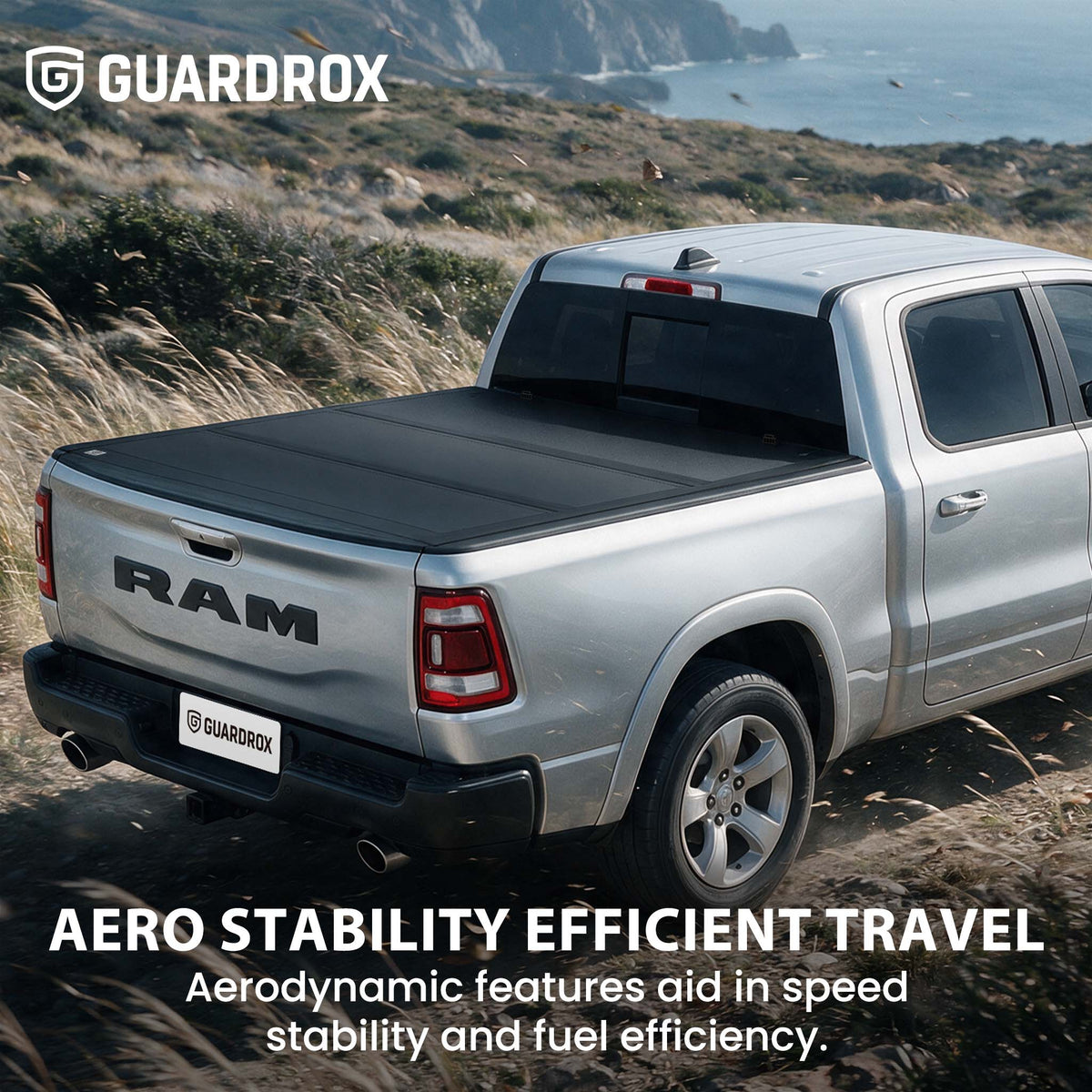 Hard truck bed cover riding steady on a pickup cruising a mountain highway for better fuel economy