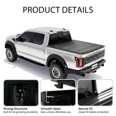 Low profile quad-fold tonneau cover callouts for four folding panels, heavy-duty clamps, and secure locks