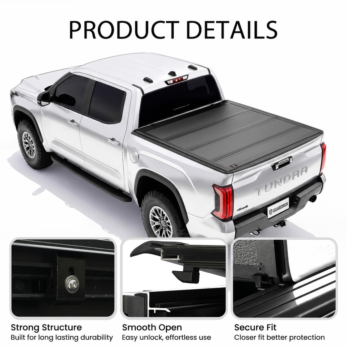 Low profile quad-fold tonneau cover callouts for four folding panels, heavy-duty clamps, and secure locks