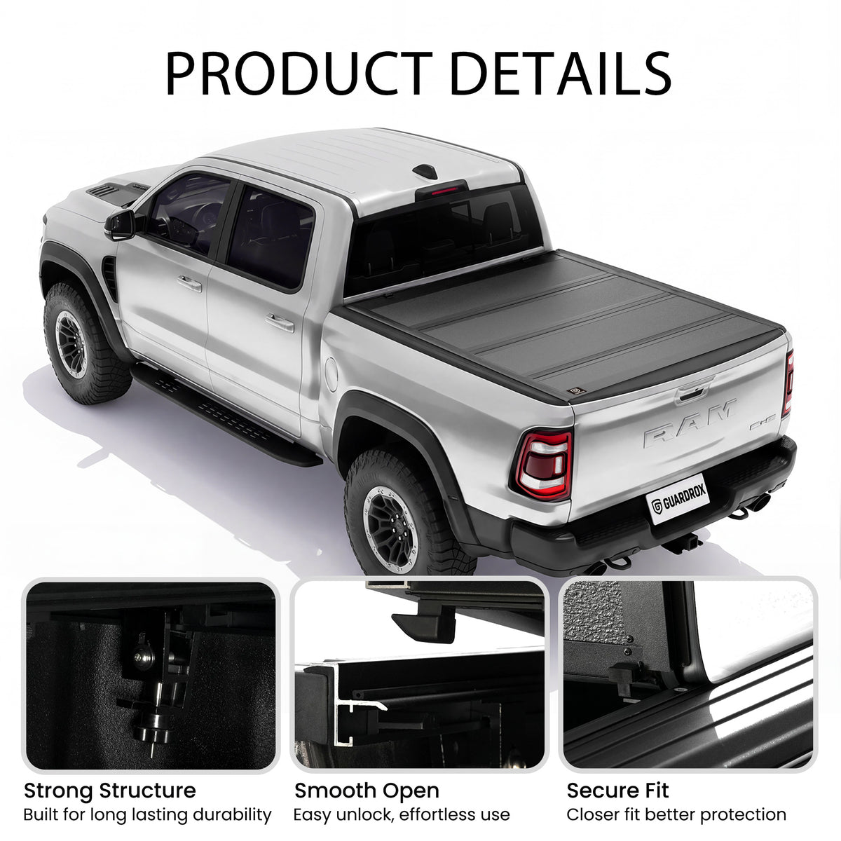 Low profile quad-fold tonneau cover callouts for four folding panels, heavy-duty clamps, and secure locks