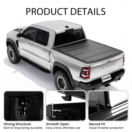 Low profile quad-fold tonneau cover callouts for four folding panels, heavy-duty clamps, and secure locks