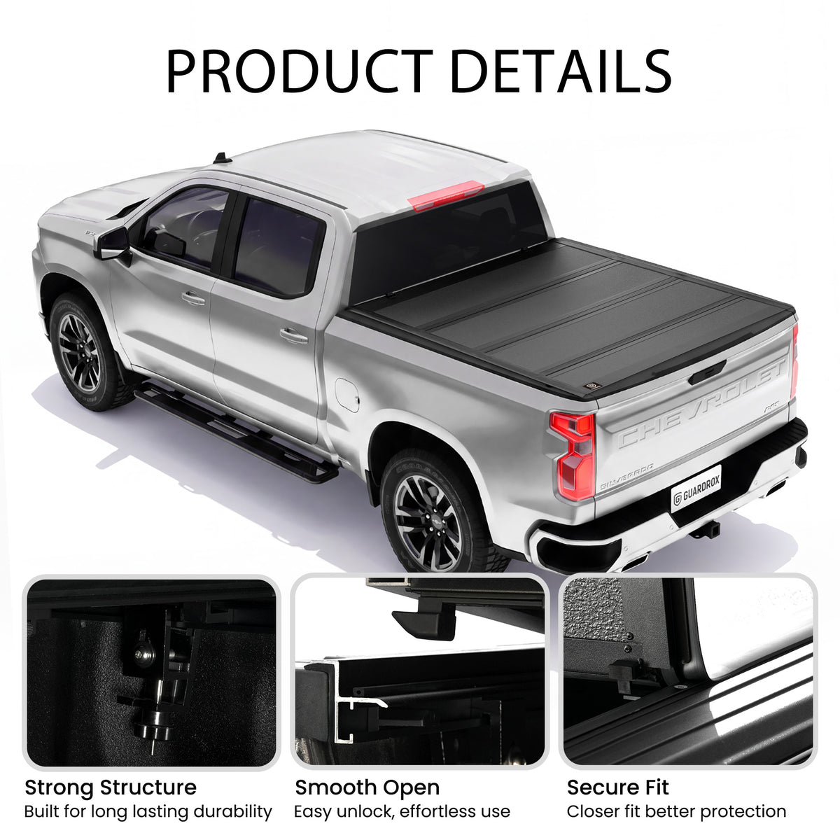 Low profile quad-fold tonneau cover callouts for four folding panels, heavy-duty clamps, and secure locks