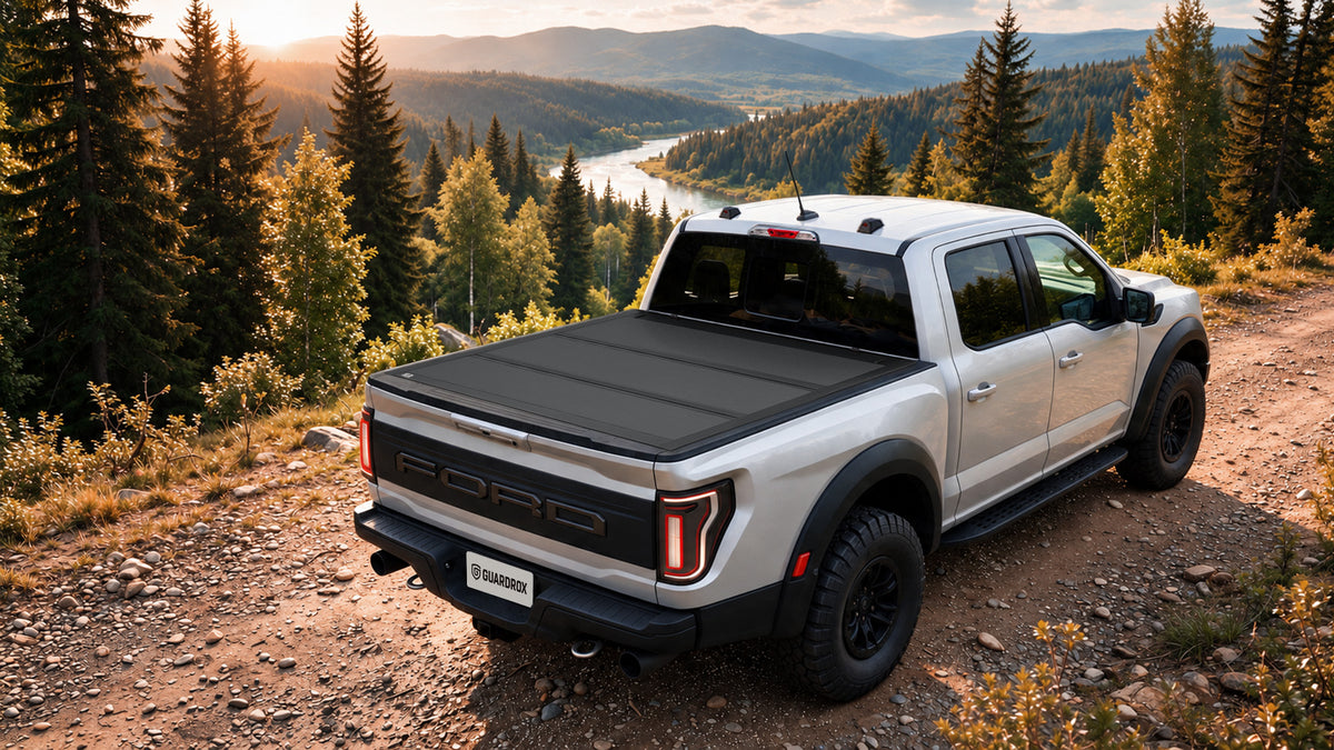Ford F-150 parked on a mountain gravel road overlooking a river valley at golden hour with Guardrox L5 hard tonneau cover