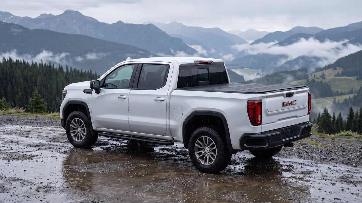 GMC Sierra 1500 bed with the LX5 tonneau cover shown closed side by side