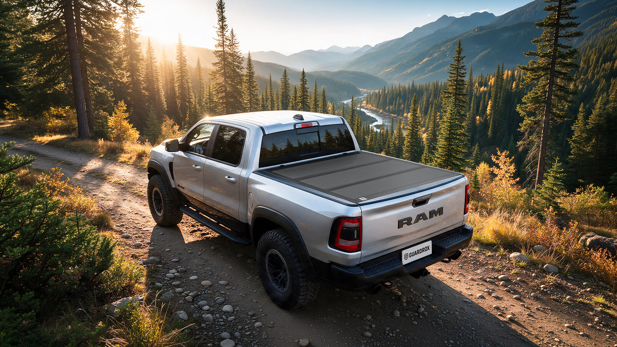 RAM 2500 3500 parked on a mountain gravel road overlooking a river valley at golden hour