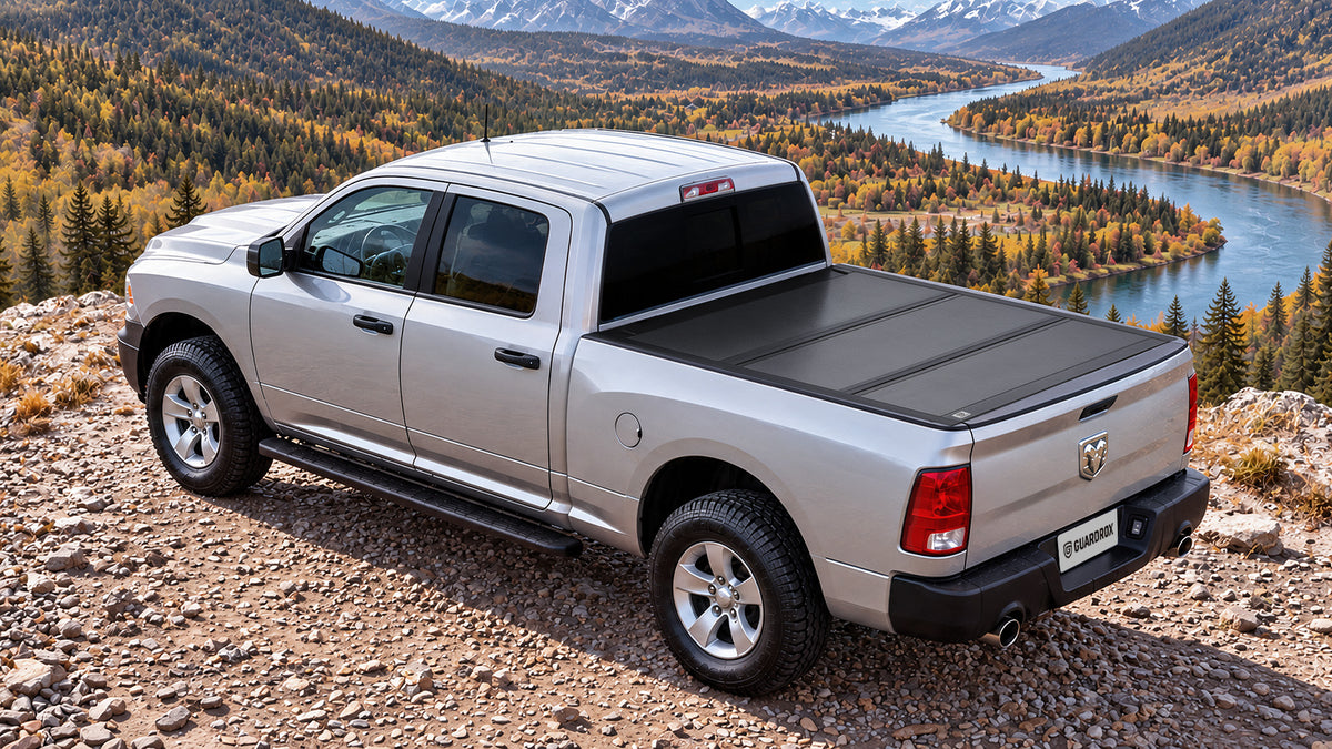 RAM 1500 New Body parked on a mountain gravel road overlooking a river valley at golden hour