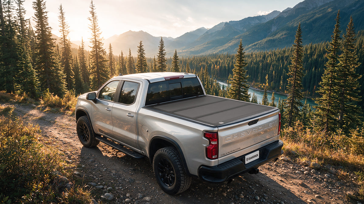 Chevy Silverado parked on a mountain gravel road overlooking a river valley at golden hour